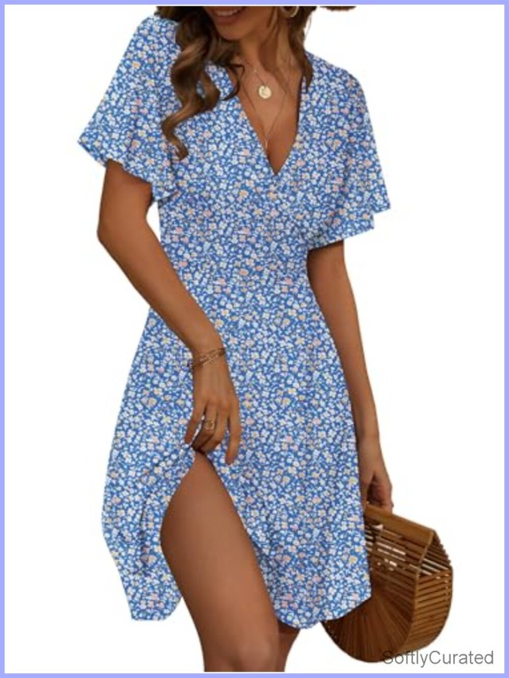 Faux Wrap V Neck Ruffle Short Sleeve A-Line Midi Dress Flowy Summer Dress
